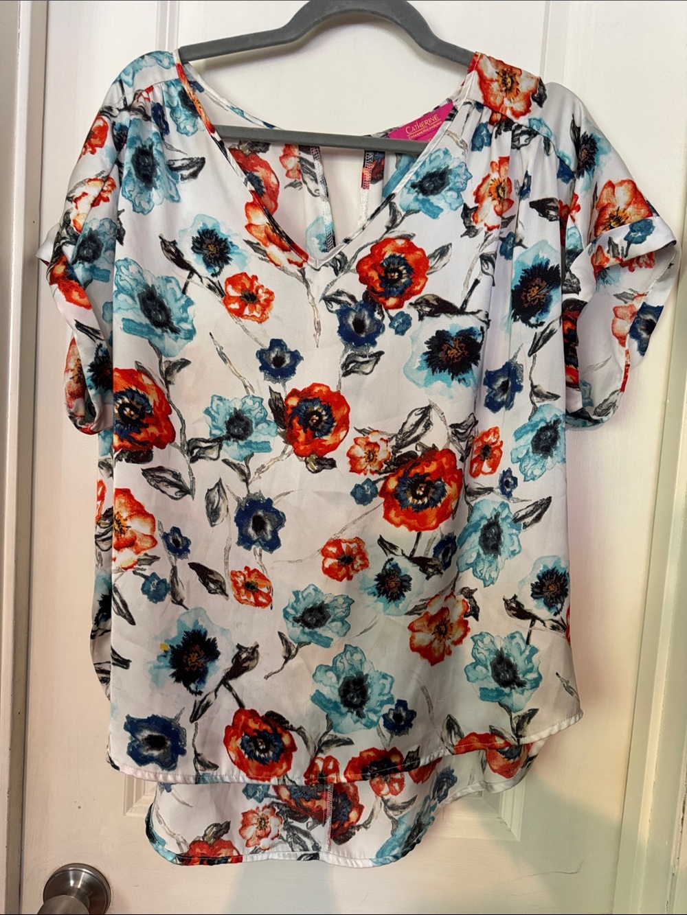 Catherine Malandrino White Floral V-Neck Blouse with Red & Teal Flowers